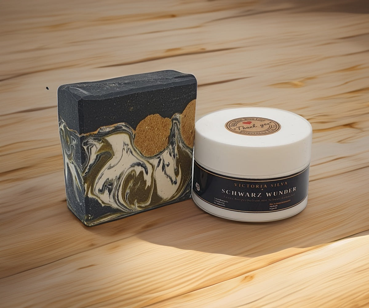 Luxury Black Gift Set – Aktivkohle Seife & Schwarz Wunder Balsam – Handmade Swiss Naturkosmetik Schweiz